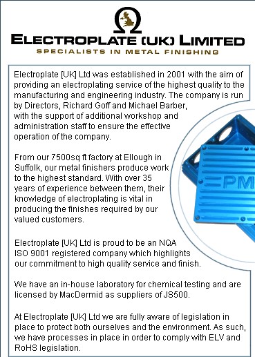 The Electroplate [UK] Ltd has a text page for visitors with imapred vision. To read about our Alochrom 1200 Anodising Chemi-black chemical blacking Electroless nickel Zinc plating and Zinc phosphating services please click here.